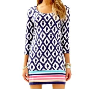 Lilly Pulitzer Beacon T-Shirt Dress In Bright Navy Little Fish Ikat Print Sz XS